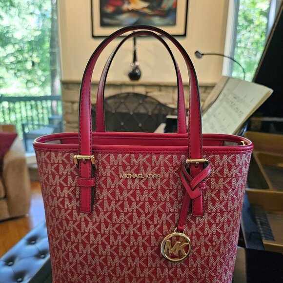 Michael Kors Jet Set Travel XS Carryall Tote Shoulder Bag MK Gold Signature Red - Picture 9 of 11